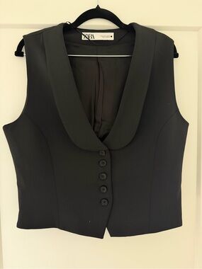 Zara Black Wool-Blend Tuxedo Collar Vest
